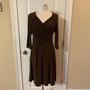 Brown Ruched Faux Wrap Long Sleeve Midi Dress Petite Large